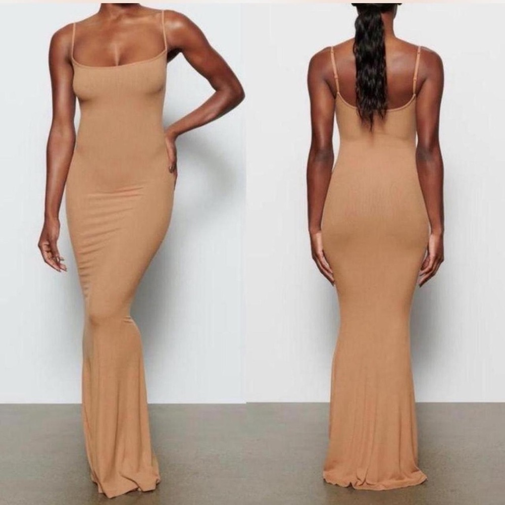 NWT in original packaging Skims SOFT Ribbed Camel LOUNGE LONG SLIP DRESS (2X)